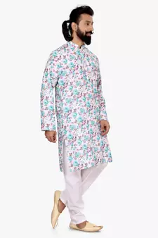 Men Off White Cotton Digital Printed Kurta Churidar Set