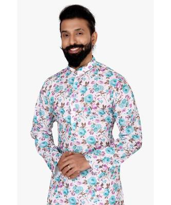 Men Off White Cotton Digital Printed Kurta Churidar Set 6