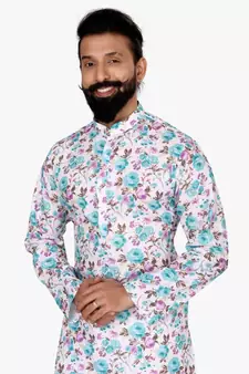 Men Off White Cotton Digital Printed Kurta Churidar Set