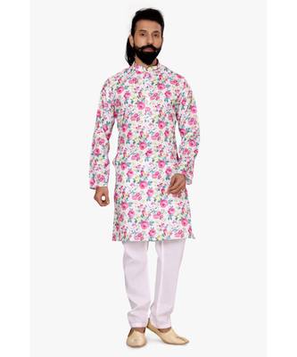 Men Off White Cotton Digital Printed Kurta Churidar Set 2