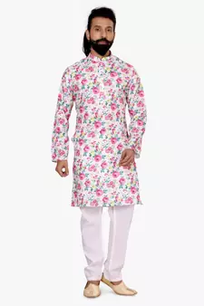Men Off White Cotton Digital Printed Kurta Churidar Set