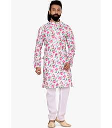 Men Off White Cotton Digital Printed Kurta Churidar Set