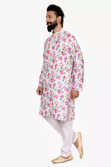 Men Off White Cotton Digital Printed Kurta Churidar Set