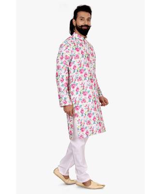 Men Off White Cotton Digital Printed Kurta Churidar Set 4