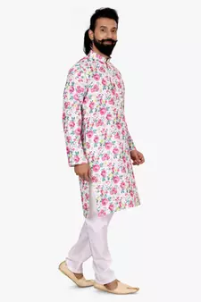 Men Off White Cotton Digital Printed Kurta Churidar Set