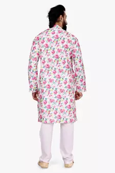 Men Off White Cotton Digital Printed Kurta Churidar Set
