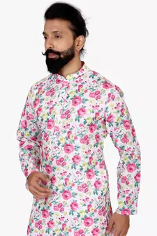Men Off White Cotton Digital Printed Kurta Churidar Set