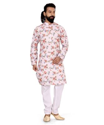 Men Off White Cotton Digital Printed Kurta Churidar Set 2