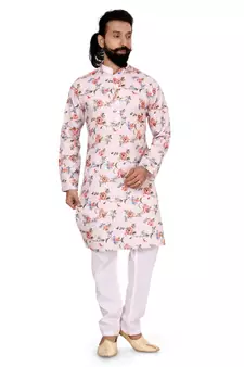 Men Off White Cotton Digital Printed Kurta Churidar Set