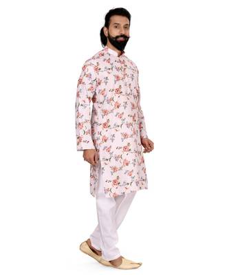Men Off White Cotton Digital Printed Kurta Churidar Set 3