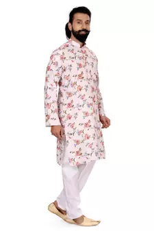 Men Off White Cotton Digital Printed Kurta Churidar Set