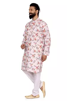 Men Off White Cotton Digital Printed Kurta Churidar Set