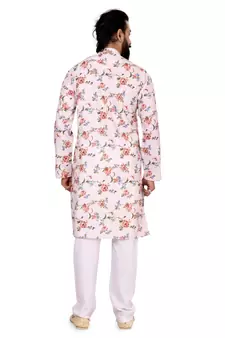 Men Off White Cotton Digital Printed Kurta Churidar Set