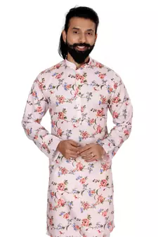 Men Off White Cotton Digital Printed Kurta Churidar Set