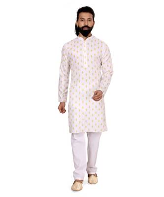 Men White Cotton Digital Printed Kurta Churidar Set 2