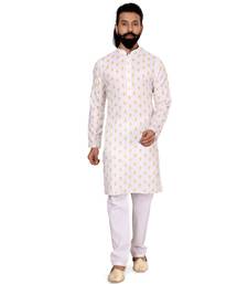 Men White Cotton Digital Printed Kurta Churidar Set