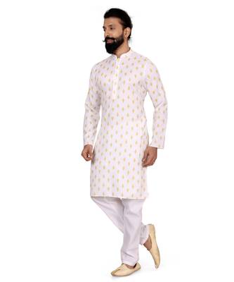 Men White Cotton Digital Printed Kurta Churidar Set 3