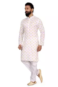 Men White Cotton Digital Printed Kurta Churidar Set