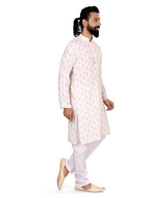 Men White Cotton Digital Printed Kurta Churidar Set 4