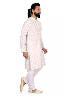 Men White Cotton Digital Printed Kurta Churidar Set