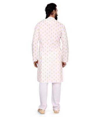 Men White Cotton Digital Printed Kurta Churidar Set 5