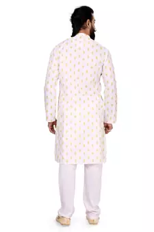 Men White Cotton Digital Printed Kurta Churidar Set
