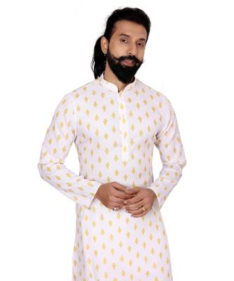 Men White Cotton Digital Printed Kurta Churidar Set 6
