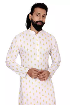 Men White Cotton Digital Printed Kurta Churidar Set