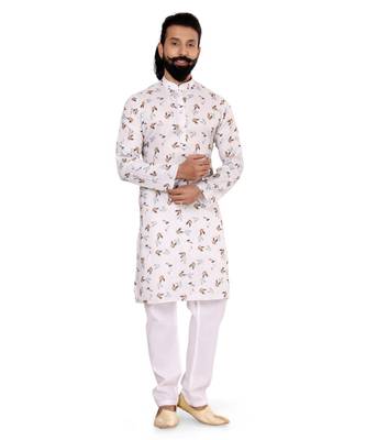 Men Off White Cotton Digital Printed Kurta Churidar Set 2