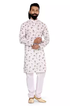 Men Off White Cotton Digital Printed Kurta Churidar Set