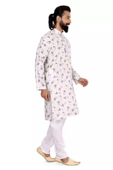 Men Off White Cotton Digital Printed Kurta Churidar Set