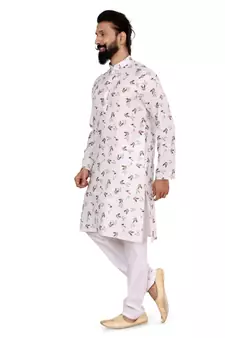 Men Off White Cotton Digital Printed Kurta Churidar Set