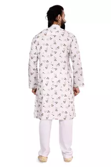Men Off White Cotton Digital Printed Kurta Churidar Set