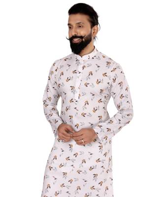 Men Off White Cotton Digital Printed Kurta Churidar Set 6