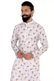 Men Off White Cotton Digital Printed Kurta Churidar Set