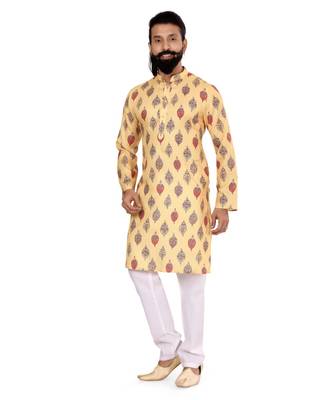 Men Yellow Cotton Digital Printed Kurta Churidar Set 2