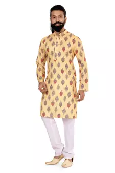 Men Yellow Cotton Digital Printed Kurta Churidar Set