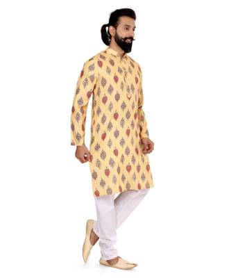 Men Yellow Cotton Digital Printed Kurta Churidar Set 3
