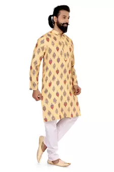 Men Yellow Cotton Digital Printed Kurta Churidar Set