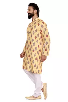 Men Yellow Cotton Digital Printed Kurta Churidar Set