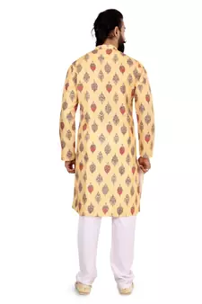 Men Yellow Cotton Digital Printed Kurta Churidar Set