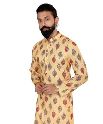 Men Yellow Cotton Digital Printed Kurta Churidar Set 6