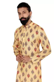 Men Yellow Cotton Digital Printed Kurta Churidar Set