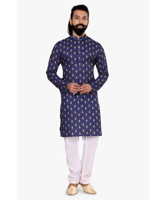 Men Blue Cotton Digital Printed Kurta Churidar Set 2