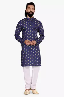 Men Blue Cotton Digital Printed Kurta Churidar Set
