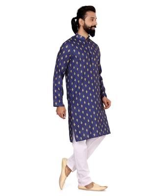 Men Blue Cotton Digital Printed Kurta Churidar Set 4