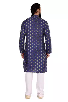 Men Blue Cotton Digital Printed Kurta Churidar Set