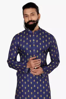 Men Blue Cotton Digital Printed Kurta Churidar Set