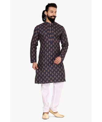 Men Dark Navy Blue Cotton Digital Printed Kurta Churidar Set 2
