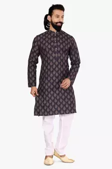 Men Dark Navy Blue Cotton Digital Printed Kurta Churidar Set